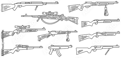 outline vector illustration of various rifles and firearms, clean minimalist style, perfect for design projects, technical diagrams, educational materials, and creative graphic compositions.