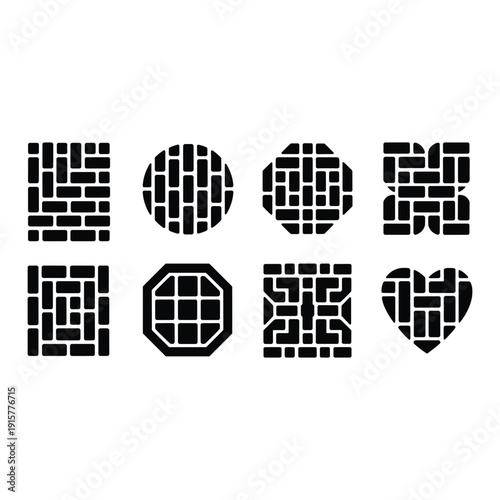 Intricate black and white geometric patterns showcasing various shapes and designs. isolated on white background, Vector