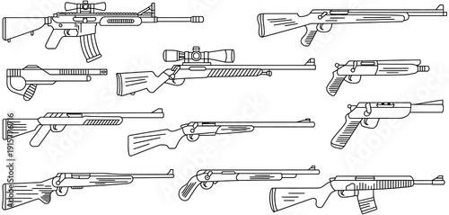 outline vector illustration of various rifles and firearms, clean minimalist style, perfect for design projects, technical diagrams, educational materials, and creative graphic compositions.