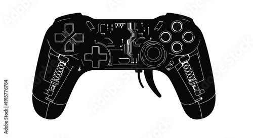 Black video game controller illustration with white technical blueprint lines and symbols on modern gaming console remote