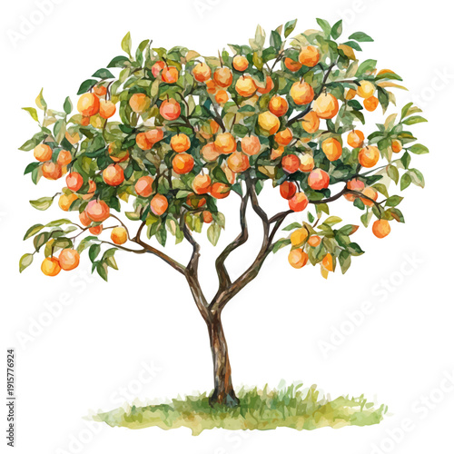 Apricot Tree A Beautifully Detailed, watercolor vector portraying a joyful pose with colorful highlights, isolated on a white background.