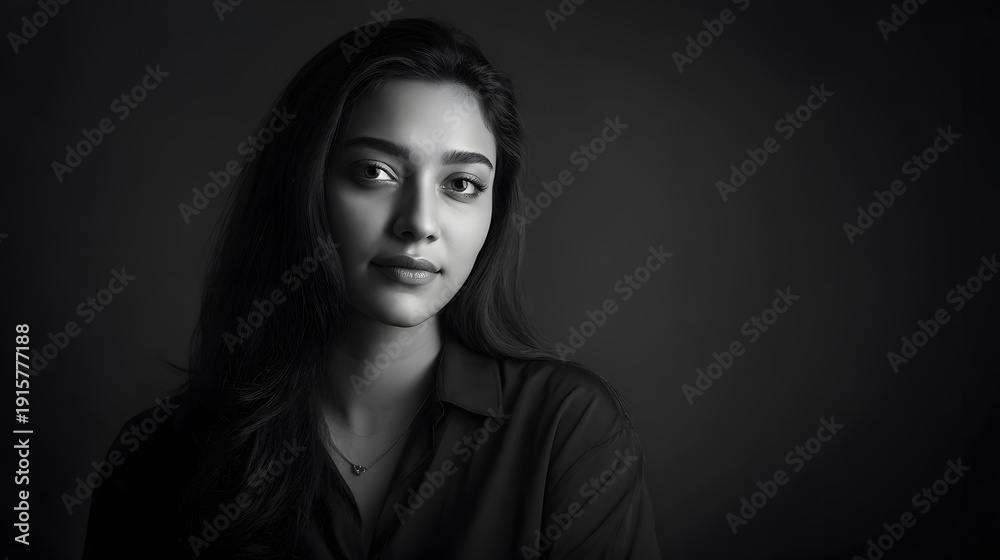 Fototapeta premium Elegant portrait of a young Middle Eastern woman conveying depth and grace in striking monochrome photography