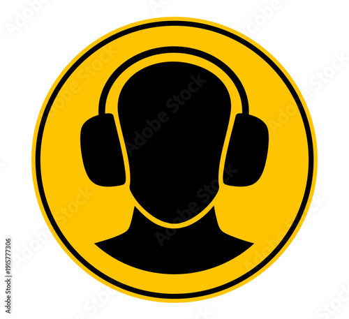 Mandatory ear protection sign with human head wearing earmuffs. Industrial PPE hearing safety symbol for construction sites, factories and workplace compliance manuals.