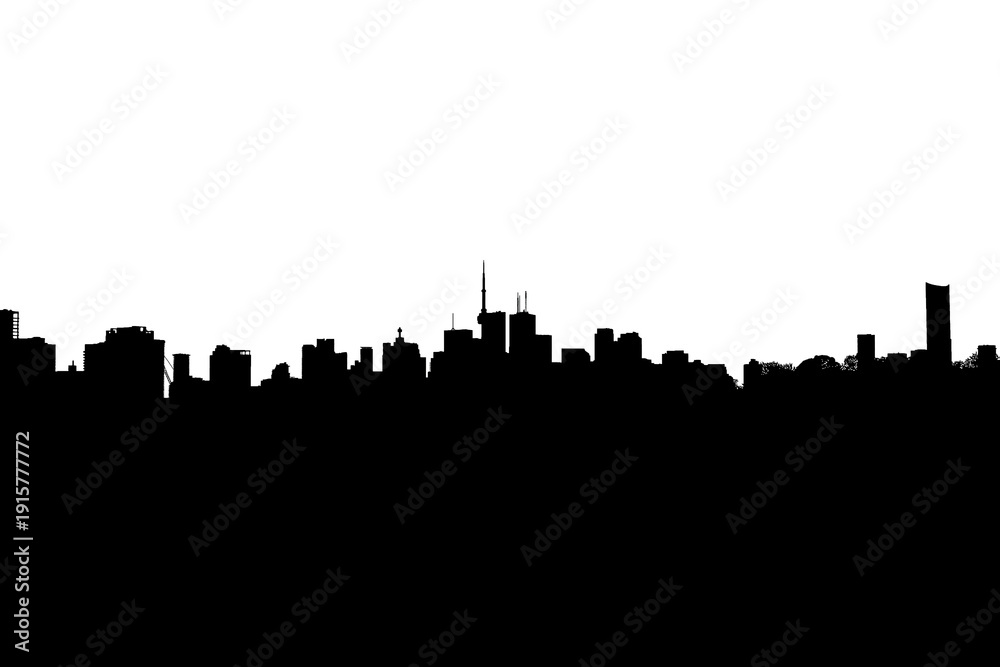 Fototapeta premium Toronto, Ontario, Canada buildings Silhouette isolated on white background for special effects background. Day light cityscape landmark panorama. Business district of North American city.