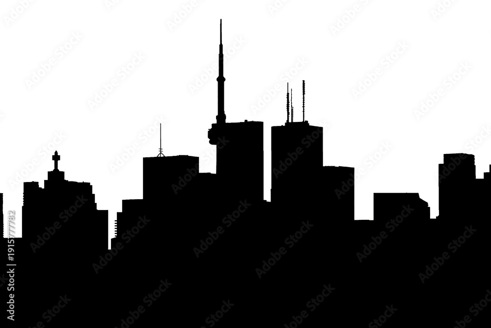 Obraz premium Toronto Downtown business district skyscrapers and buildings Silhouette in skyline view, isolated on white background. High rise buildings of North American city.