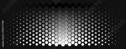 Black seamless hexagonal pattern. Repeating honeycomb texture. Geometric hexagonal halftone background. Retro tech dotted wallpaper. Contrasting minimalism, symmetry, and technological design.