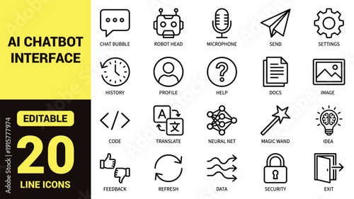 AI chatbot interface icon set with chat, settings, profile, search, voice, memory bank, knowledge base, creative mode, code assistant, data analysis, and essential artificial intelligence ranking