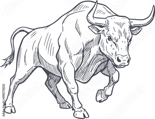 powerful bull mascot in a dynamic running pose hand drawn sketch with black fills and no white background for versatile design use
