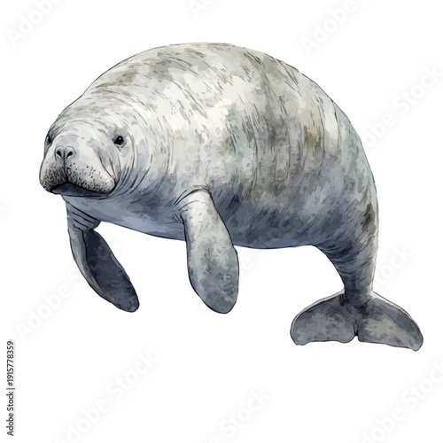 Amazonian Manatee A Beautifully Detailed, watercolor clipart showcasing whimsical details and harmonious color flow, isolated on a white background.