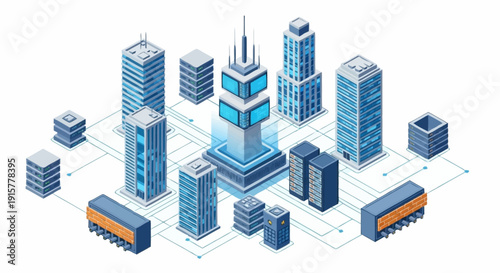 Isometric cityscape with modern skyscrapers and urban infrastructure.