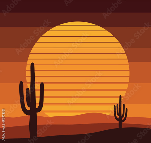 Saguaro cactus silhouettes in desert landscape with large retro sun and horizontal striped background in vintage 80s aesthetic sunset style design.