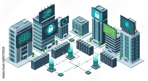 Isometric cityscape with futuristic buildings and digital screens.