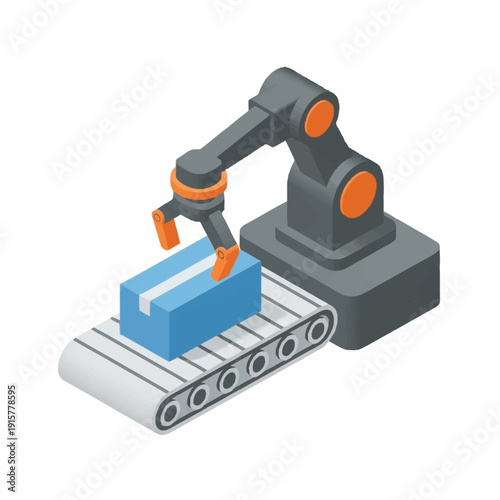 Industrial robotic arm lifting a blue box on a conveyor belt.