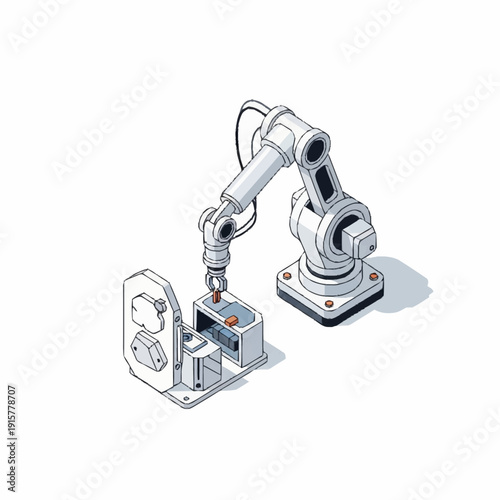 Industrial robotic arm assembling mechanical parts.