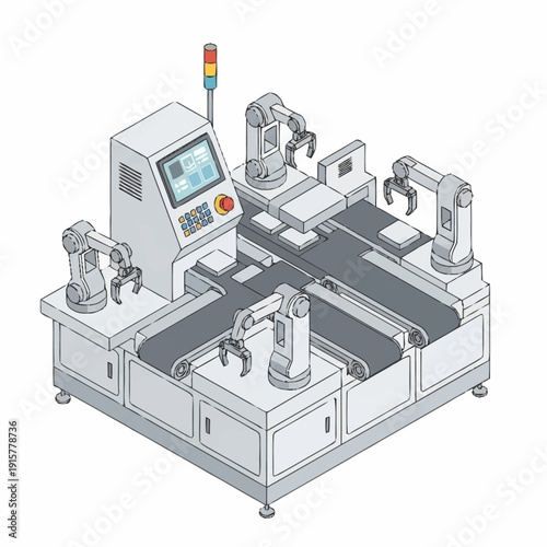 Industrial robotic assembly line with computer control system and conveyor belt.