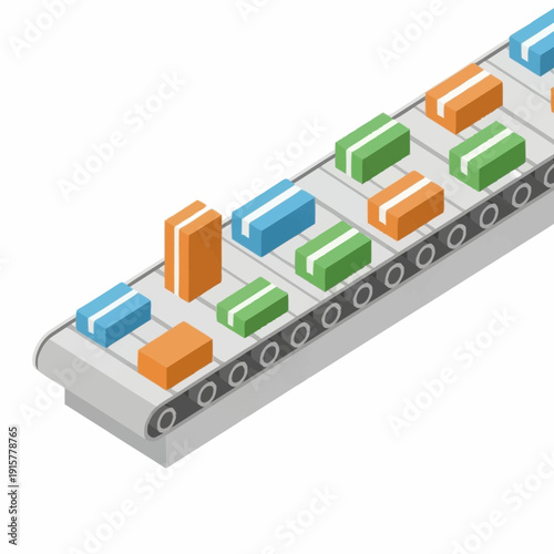 Colorful boxes on a conveyor belt in a factory or warehouse setting.