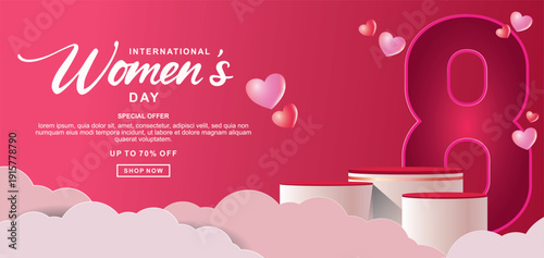 Realistic red 3D cylindrical podium with 8 march shaped background for women's day banner. Women's day minimal scene for products showcase, Promotional display. Vector ilustration