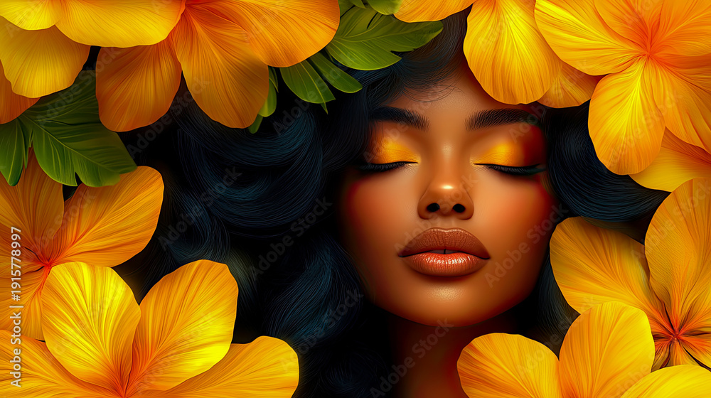Fototapeta premium Stunning vibrant close-up of dark-skinned woman with closed eyes framed by enormous golden yellow tropical petals and flowing dark hair, digital art