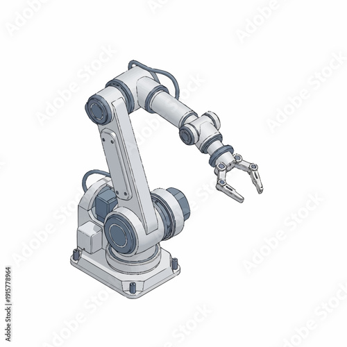 Industrial robotic arm with mechanical gripper on white background.
