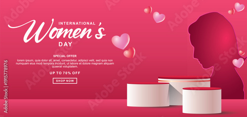 Realistic red 3D cylindrical podium with 8 march shaped background for women's day banner. Women's day minimal scene for products showcase, Promotional display. Vector ilustration