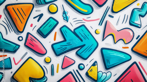 Modern Abstract Pattern of Bold Geometric and Organic Shapes in Teal, Pink, Orange, and Yellow, Adorned with Dynamic Lines and Dots, Evoking Playful Retro Aesthetic on Textured White Background