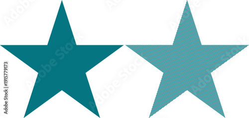 Two distinct teal five-pointed star graphics presented side-by-side showcasing solid fill versus diagonal line texture design elements