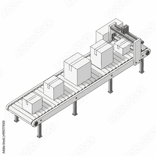 Industrial conveyor belt system with boxes and machinery components.