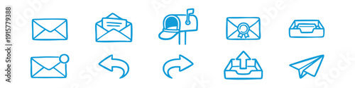Set of hand-drawn mail and email icons in a doodle style, featuring envelopes, mailbox, inbox, and paper plane icons on a white background.