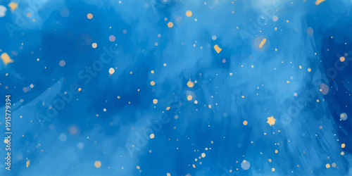 Falling blue rain drops and snowflakes create a cold winter texture on the glass under a dark night sky with glowing stars and holiday celebration light patterns