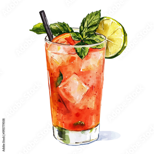 Agua Fresca A Beautifully Detailed, watercolor painting capturing graceful lines and soft blended shades, isolated on a white background.