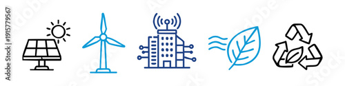 Eco-friendly line icon set featuring solar energy, wind turbine, smart building, leaf, and recycle symbol for sustainable technology concepts.
