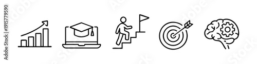 Set of minimalist line icons representing business growth, online education, career success, target goals, and strategic brain thinking.