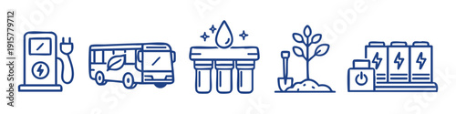Set of five hand-drawn icons representing green energy, electric transport, water filtration, reforestation, and battery storage solutions.