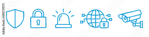 Vector set of security icons including shield, padlock, siren, global network protection, and CCTV camera in a modern thin line art style.