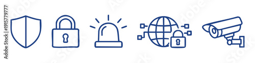 Vector set of security icons including shield, padlock, siren, global network protection, and CCTV camera in a modern thin line art style.