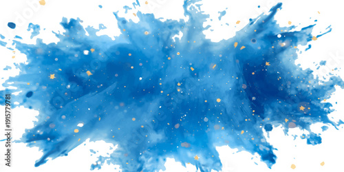 Abstract watercolor background featuring blue ink splashes and falling snowflakes in a bright winter sky design for a festive Christmas holiday celebration card