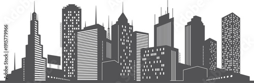 Cityscape silhouette. Black skyscraper buildings in urban panorama