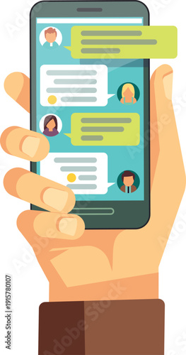 Chat app on phone screen in human hand color icon