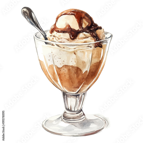 Affogato A Beautifully Detailed, watercolor illustration featuring playful movement and lively expressions, isolated on a white background.