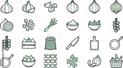 Modern Vector Icon Collection Fresh Garlic, Onion, and Herb Illustrations for Culinary Design Projects, Cooking Apps, and Food Blogs