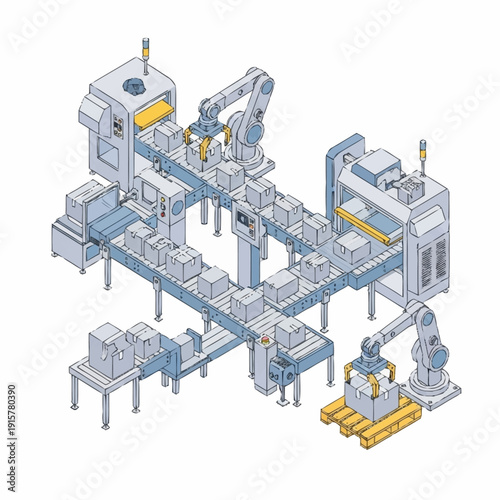 Industrial manufacturing production line with robotic arms and machinery.