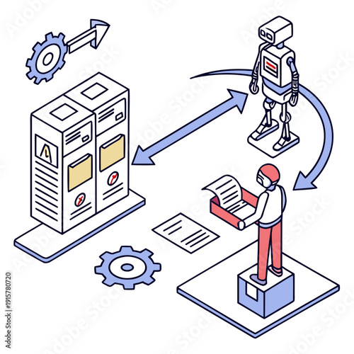 Robot receiving data from computer with human interacting in automated workflow
