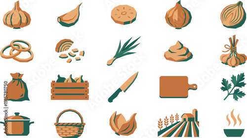 Modern Flat Design Vector Icon Collection Fresh Onions, Garlic, and Essential Cooking Elements for Culinary Art