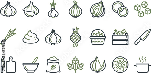 Modern line art icons depicting fresh garlic, diverse onions, green herbs, and essential cooking implements for food preparation visuals