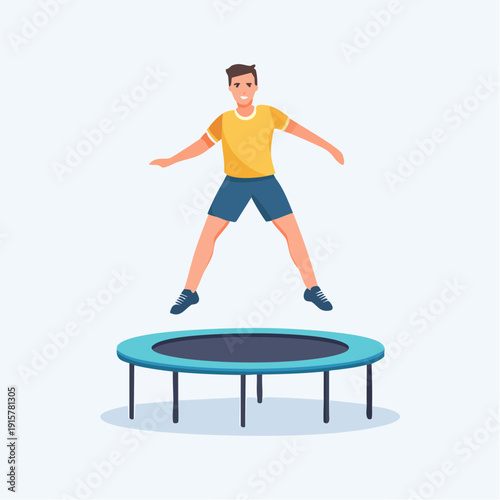 Young man jumping on rebounder, mini trampoline with joyful expression