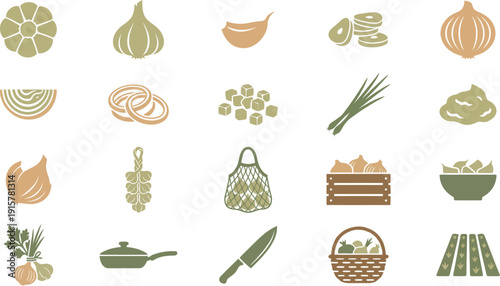 Modern flat design vector icons collection of fresh kitchen ingredients, featuring garlic, onions, and essential cooking tools for culinary preparation