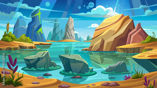 Cartoon vector illustration of underwater rock formations with smooth shapes and clean flat ocean style