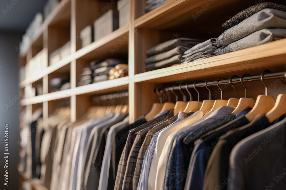 Obraz premium A neatly organized wardrobe with various folded clothes on shelves and hanging shirts and jackets creating a stylish and orderly closet space for daily wear