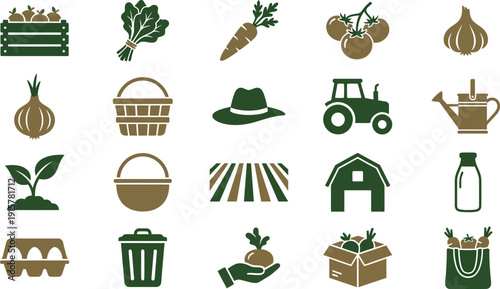 Modern Farm and Agriculture Icons Set Fresh Produce, Cultivation, and Rural Life Symbols Collection