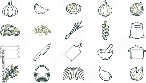 Modern Line Art Icons Essential Kitchen Ingredients, Cooking Tools, and Fresh Organic Produce Elements for Contemporary Design Projects